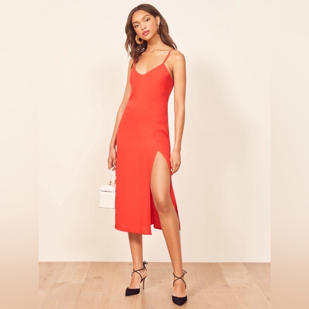 Reformation red slip dress with side slit